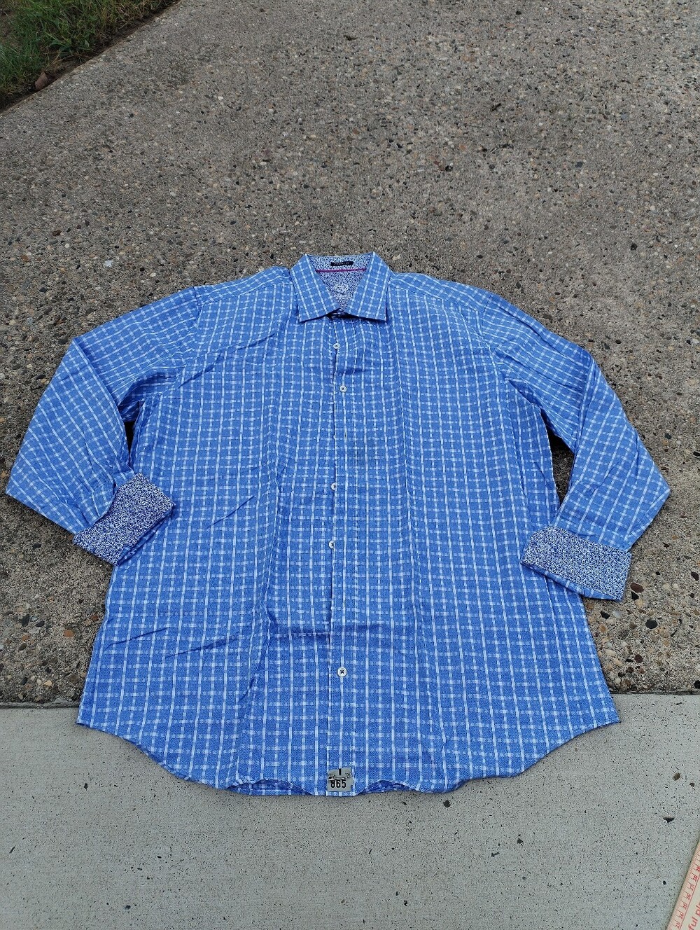 Men's Bugatchi Blue And White Plaid Long Sleeve Shirt Size / XL